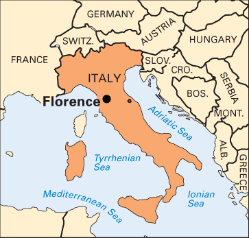 Mapa com a localização de Florença na geografia italiana