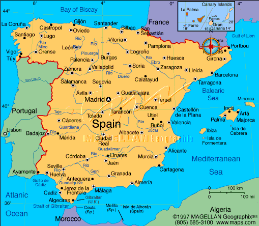 Mapa da Espanha e Portugal mostrando as divisões políticas no país